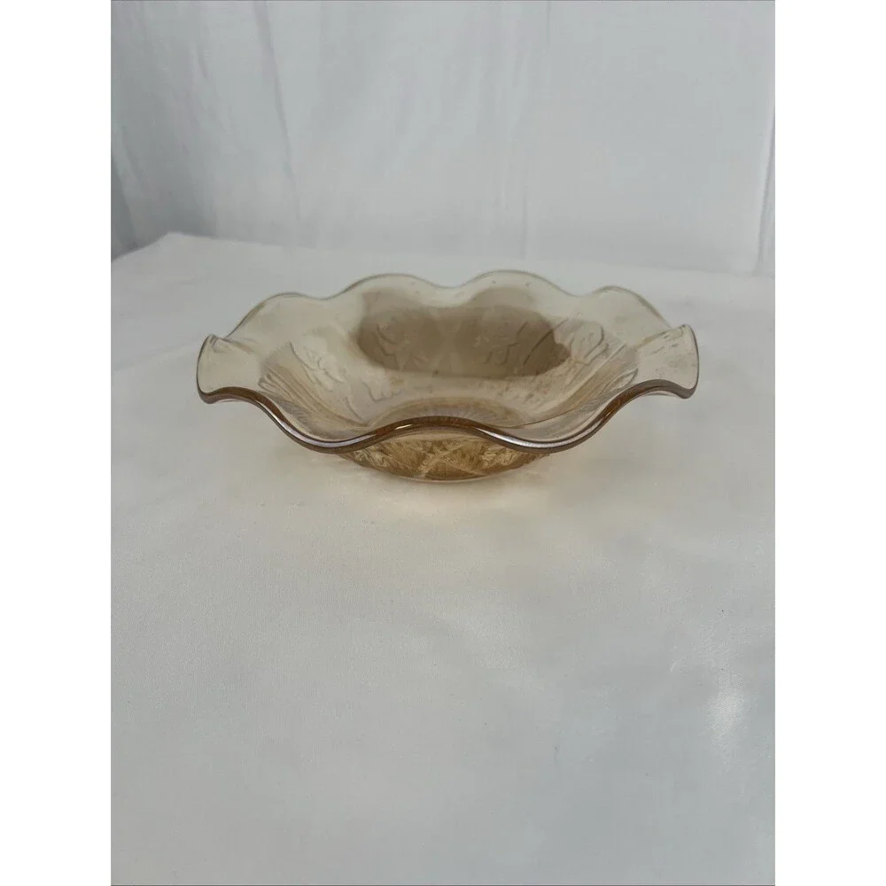 Vintage Amber Carnival Glass Ruffled Dish Bowl Floral Pattern Scalloped Edge